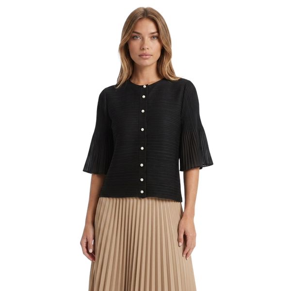 Black Pearl Button Pleated Sleeve Jacket - JK1238