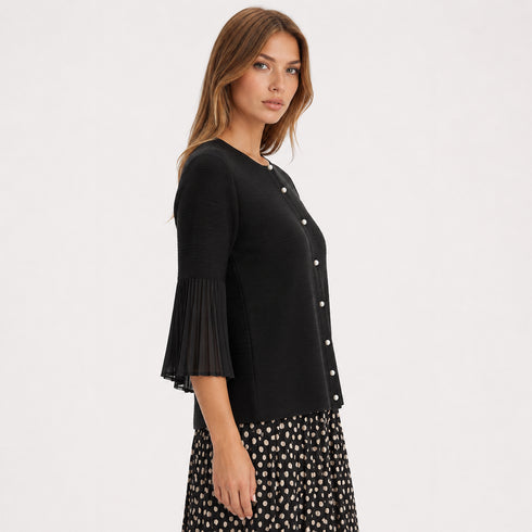 Black Pearl Button Pleated Sleeve Jacket - JK1238