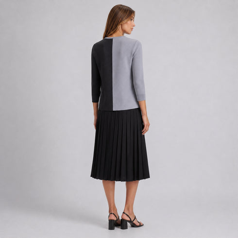 Modern Color Block Pleated Jacket with Black Midi Skirt Set
