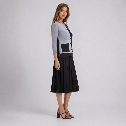 Modern Color Block Pleated Jacket with Black Midi Skirt Set