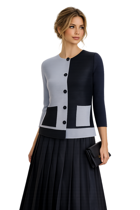 Modern Color Block Pleated Jacket with Black Midi Skirt Set
