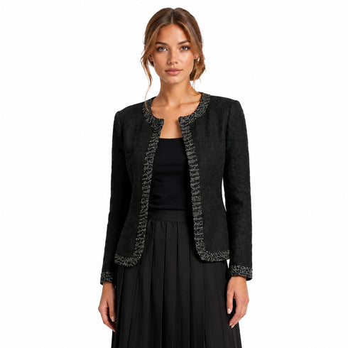Elegant Black Textured Jacket with Trim – Classic Tailored Layer for Work & Occasion