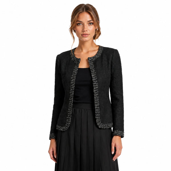 Elegant Black Textured Jacket with Trim – Classic Tailored Layer for Work & Occasion