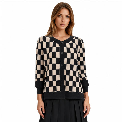 Black Beige Checkered Pleated Jacket