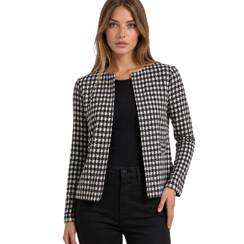 Classic Black & White Houndstooth Cropped Jacket – Elegant Tailored Blazer