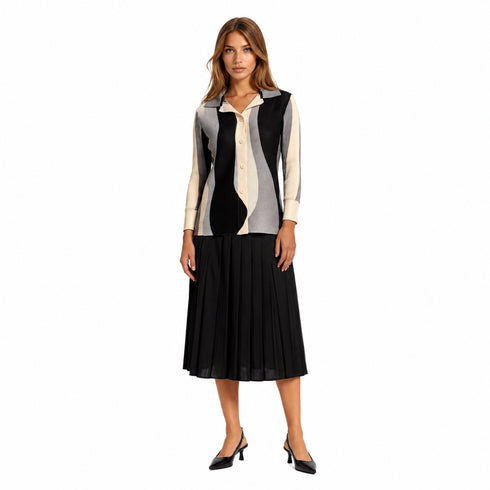 Modern Colorblock Button-Up Top – Black, Grey & Ivory Lightweight Blouse