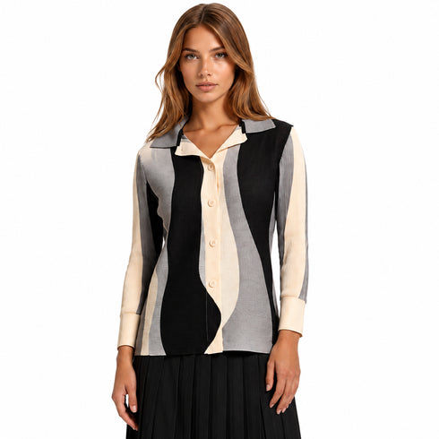 Modern Colorblock Button-Up Top – Black, Grey & Ivory Lightweight Blouse