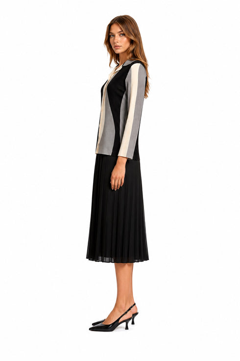 Modern Colorblock Button-Up Top – Black, Grey & Ivory Lightweight Blouse