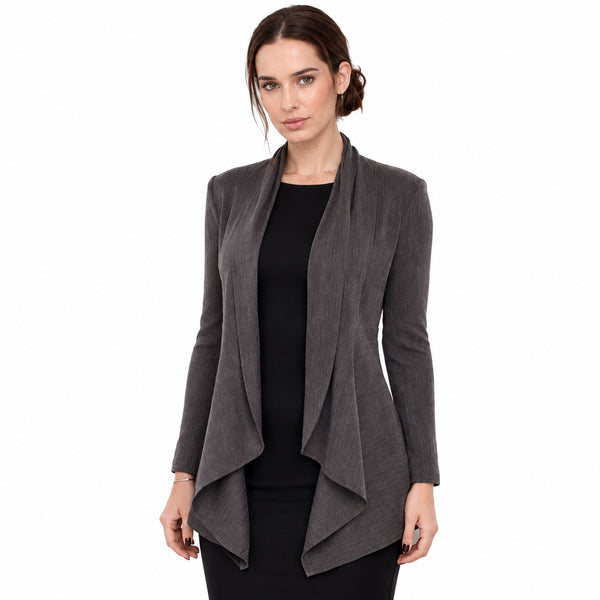 Grey Draped Business Jacket – Elegant Women's Office Cardigan Blazer