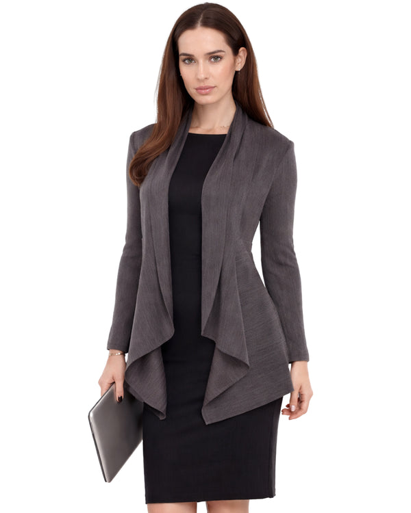 Grey Draped Business Jacket – Elegant Women's Office Cardigan Blazer