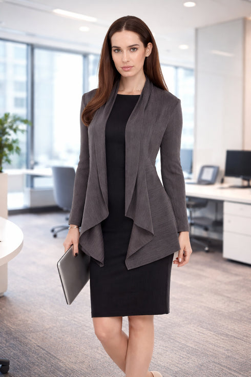 Grey Draped Business Jacket – Elegant Women's Office Cardigan Blazer