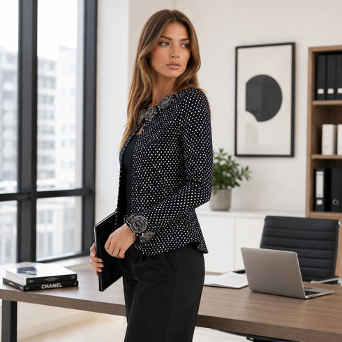 Rosette Detail Textured Jacket, Elegant Black & Silver Evening Layer