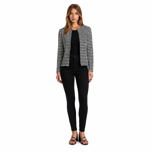 Classic Black & White Houndstooth Cropped Jacket – Elegant Tailored Blazer
