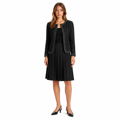 Elegant Black Textured Jacket with Trim – Classic Tailored Layer for Work & Occasion