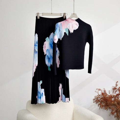 Print Top and Matcehd Skirt Set - S1390 Black