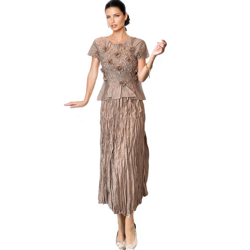 Floral Appliqué Top & Crinkled Skirt Set -S1517