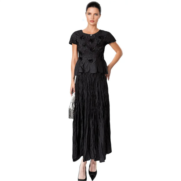 Floral Appliqué Top & Crinkled Skirt Set -S1517