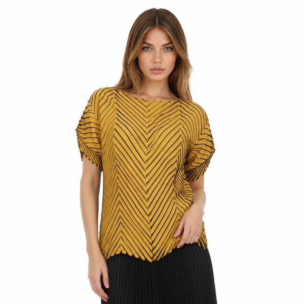 Mustard Chevron Pleated Top | Modern Geometric Work Blouse
