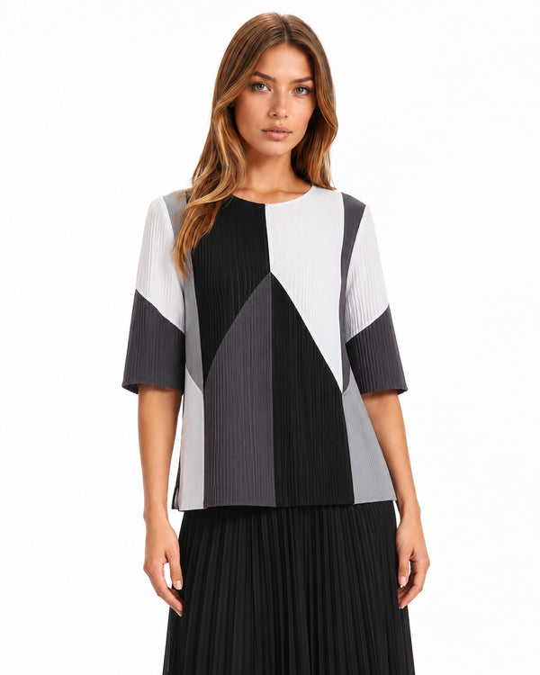 Pleated Geometric Colorblock Top – Black Multi / Yellow Multi