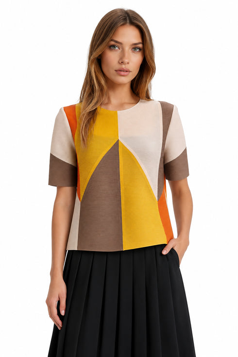 Pleated Geometric Colorblock Top – Black Multi / Yellow Multi