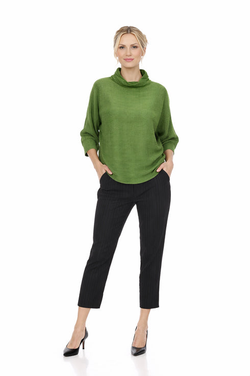 Elegant Pleated Green Cowl Neck Top, Relaxed Fit Chic Knit Blouse