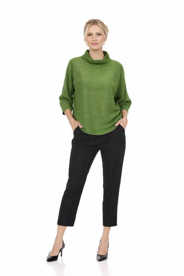 Elegant Pleated Green Cowl Neck Top, Relaxed Fit Chic Knit Blouse