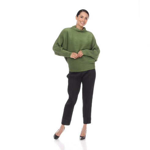 Elegant Pleated Green Cowl Neck Top, Relaxed Fit Chic Knit Blouse