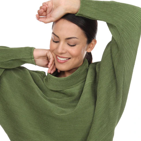 Elegant Pleated Green Cowl Neck Top, Relaxed Fit Chic Knit Blouse