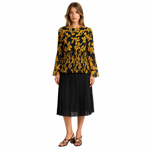 Elegant Pleated Floral Bell Sleeve Top – Black & Gold Lightweight Blouse