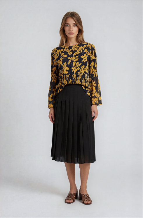 Elegant Pleated Floral Bell Sleeve Top – Black & Gold Lightweight Blouse
