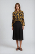 Elegant Pleated Floral Bell Sleeve Top – Black & Gold Lightweight Blouse