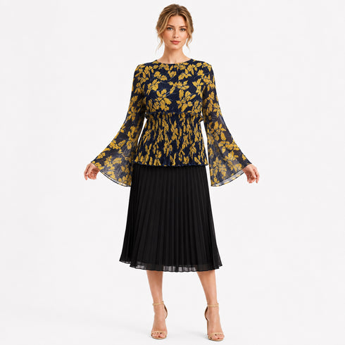 Elegant Pleated Floral Bell Sleeve Top – Black & Gold Lightweight Blouse