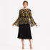 Elegant Pleated Floral Bell Sleeve Top – Black & Gold Lightweight Blouse