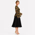Elegant Pleated Floral Bell Sleeve Top – Black & Gold Lightweight Blouse