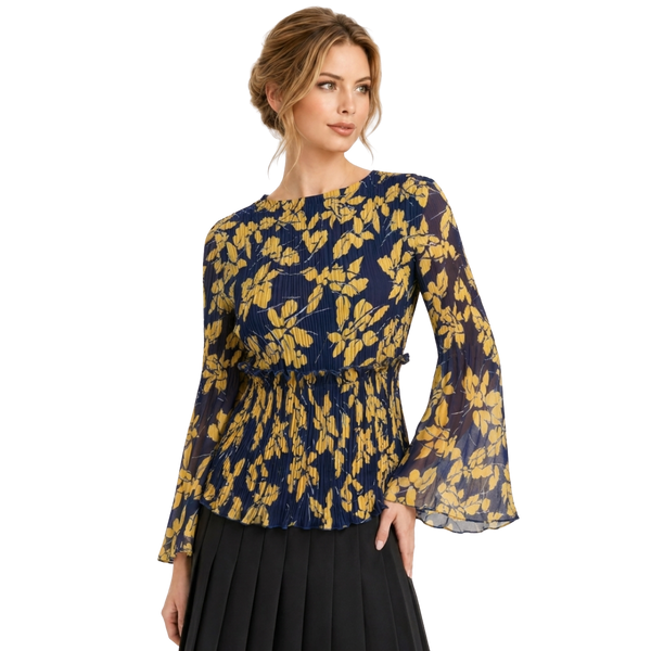 Elegant Pleated Floral Bell Sleeve Top – Black & Gold Lightweight Blouse