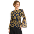 Elegant Pleated Floral Bell Sleeve Top – Black & Gold Lightweight Blouse