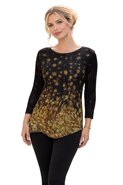 Elegant Black Pleated Floral Top, Gradient Print Chic Blouse