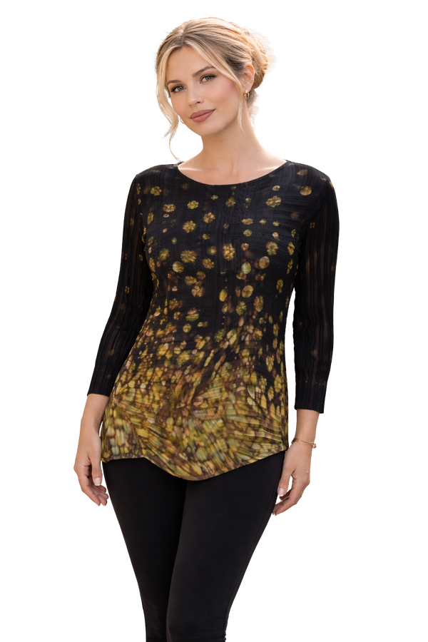 Elegant Black Pleated Floral Top, Gradient Print Chic Blouse