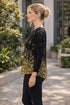 Elegant Black Pleated Floral Top, Gradient Print Chic Blouse
