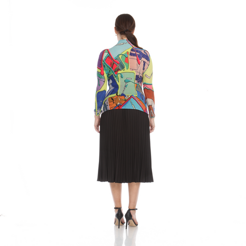 Abstract Print Pleated High Neck Top, Artistic Statement Long Sleeve Blouse