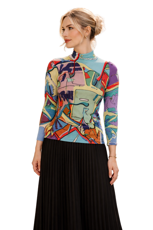 Abstract Print Pleated High Neck Top, Artistic Statement Long Sleeve Blouse