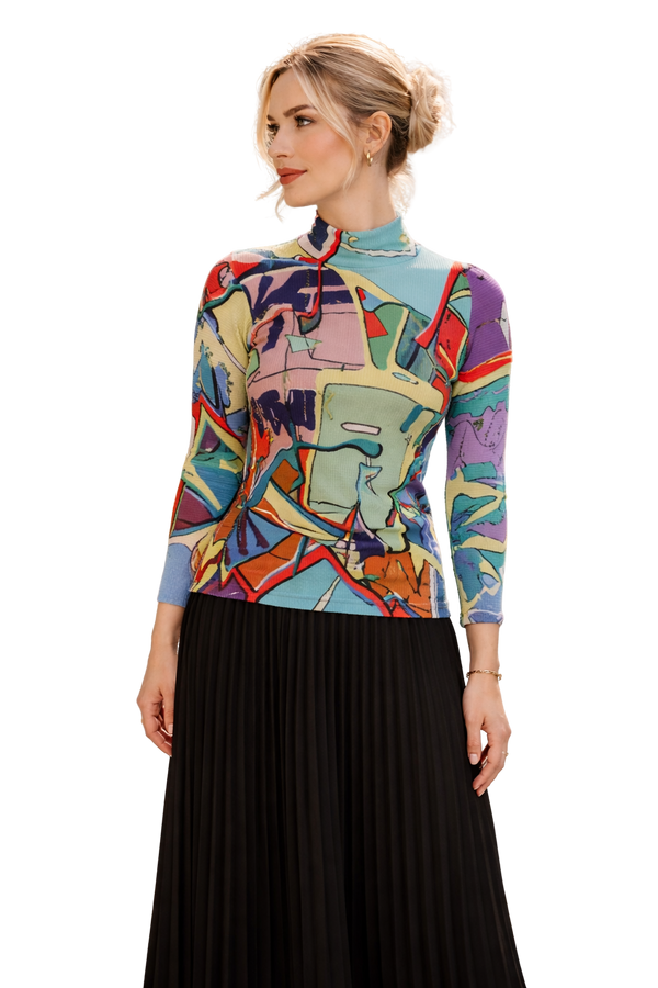 Abstract Print Pleated High Neck Top, Artistic Statement Long Sleeve Blouse