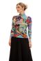 Abstract Print Pleated High Neck Top, Artistic Statement Long Sleeve Blouse