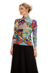 Abstract Print Pleated High Neck Top, Artistic Statement Long Sleeve Blouse