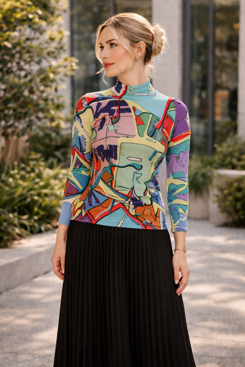 Abstract Print Pleated High Neck Top, Artistic Statement Long Sleeve Blouse