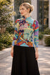 Abstract Print Pleated High Neck Top, Artistic Statement Long Sleeve Blouse