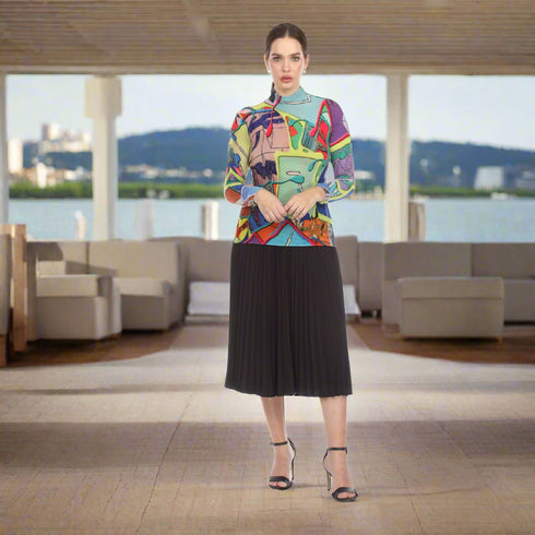 High Neck Waffle Pattern Print Top - T1233