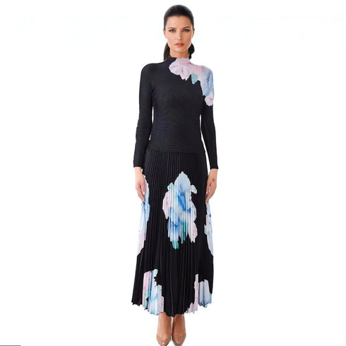 Print Top and Matcehd Skirt Set - S1390 Black