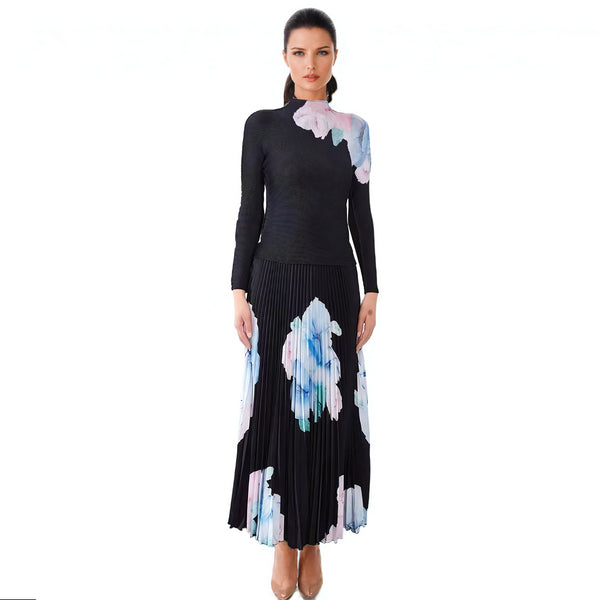 Print Top and Matcehd Skirt Set - S1390 Black