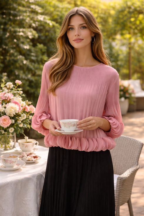 Elegant Pleated Pink Blouse, Ruffle Hem Feminine Chic Top